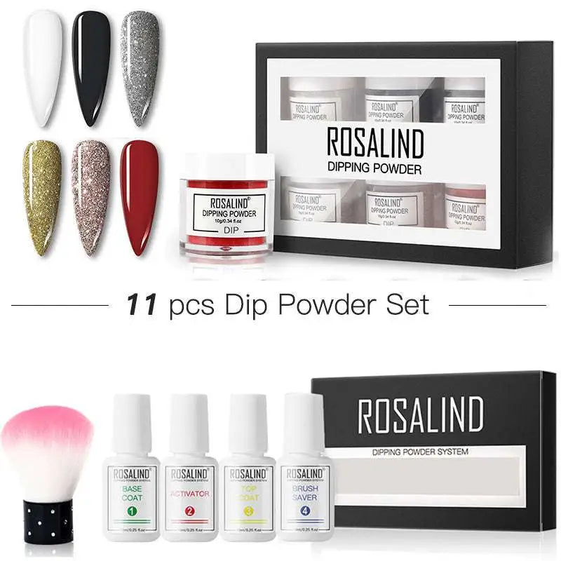 Rosalind dipping powder 11-piece professional nail beauty set with glittery colors, white plastic bottle, and applicator brush
