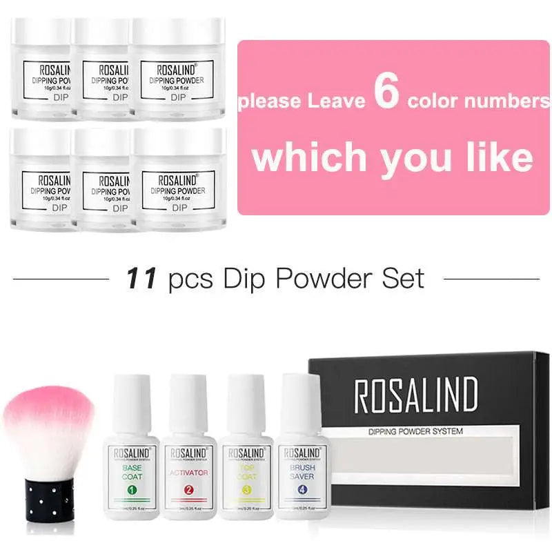 Rosalind dipping powder 11-piece nail beauty set with six clear jars, white plastic bottles, and a pink brush for professional use