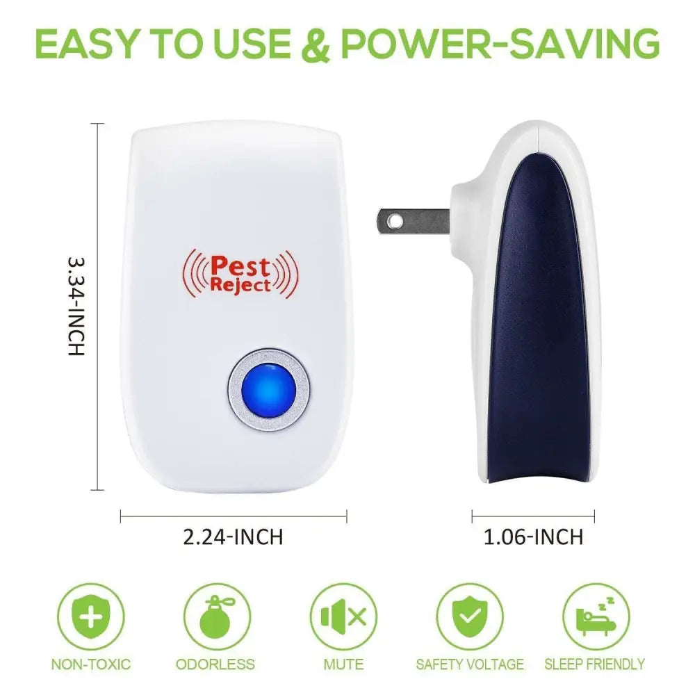 White and navy blue ultrasonic electronic mosquito repeller with a glowing blue button for pest reject protection