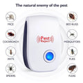 White and navy blue ultrasonic electronic mosquito repeller with a glowing blue button for pest reject protection
