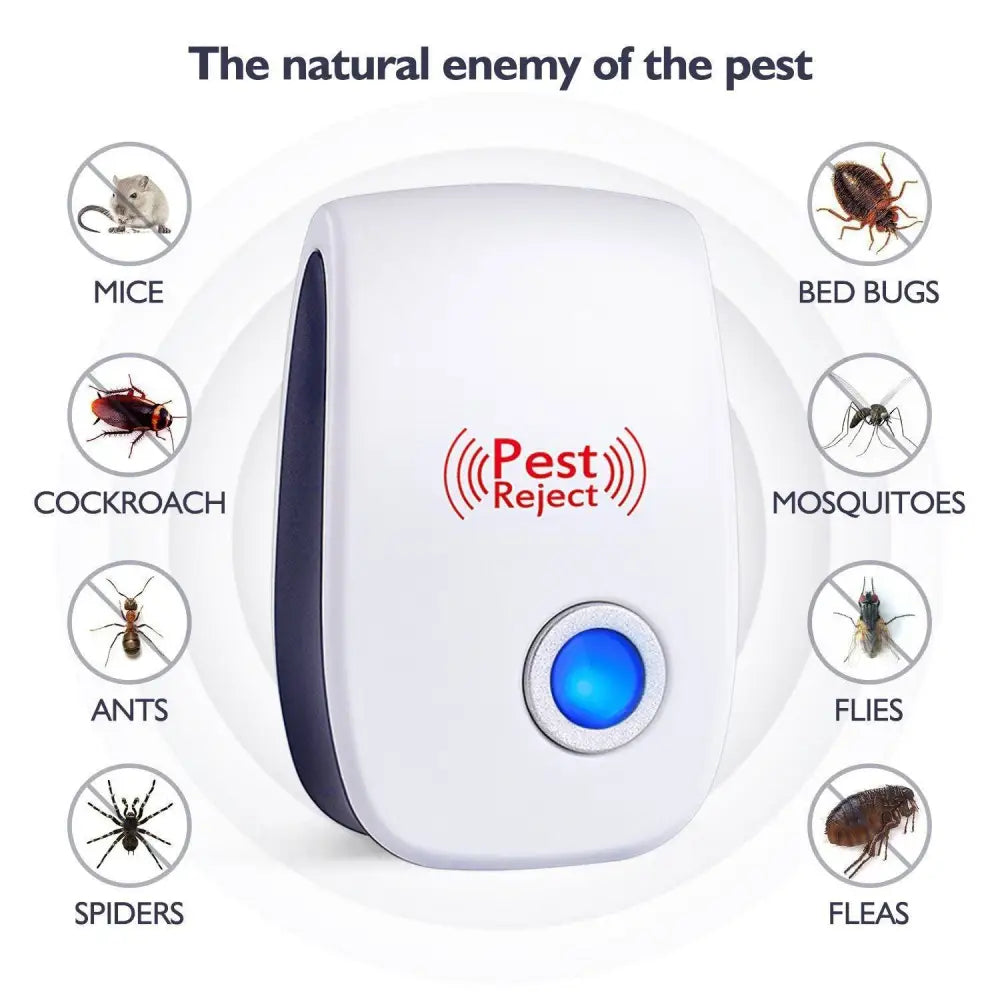 White and navy blue ultrasonic electronic mosquito repeller with a glowing blue button for pest reject protection