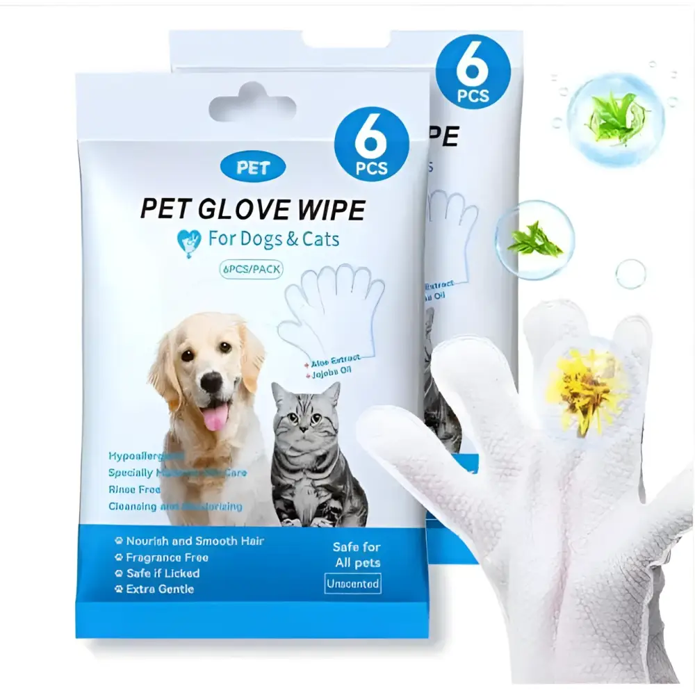 White disposable pet cleaning gloves for dogs and cats with textured soft fabric for effective pet cleaning