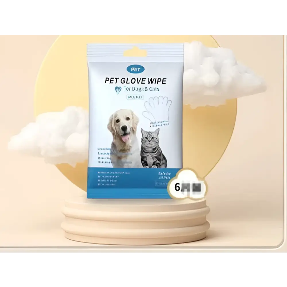 Pet brand disposable pet cleaning gloves package for dogs and cats with white blue design golden retriever tabby cat
