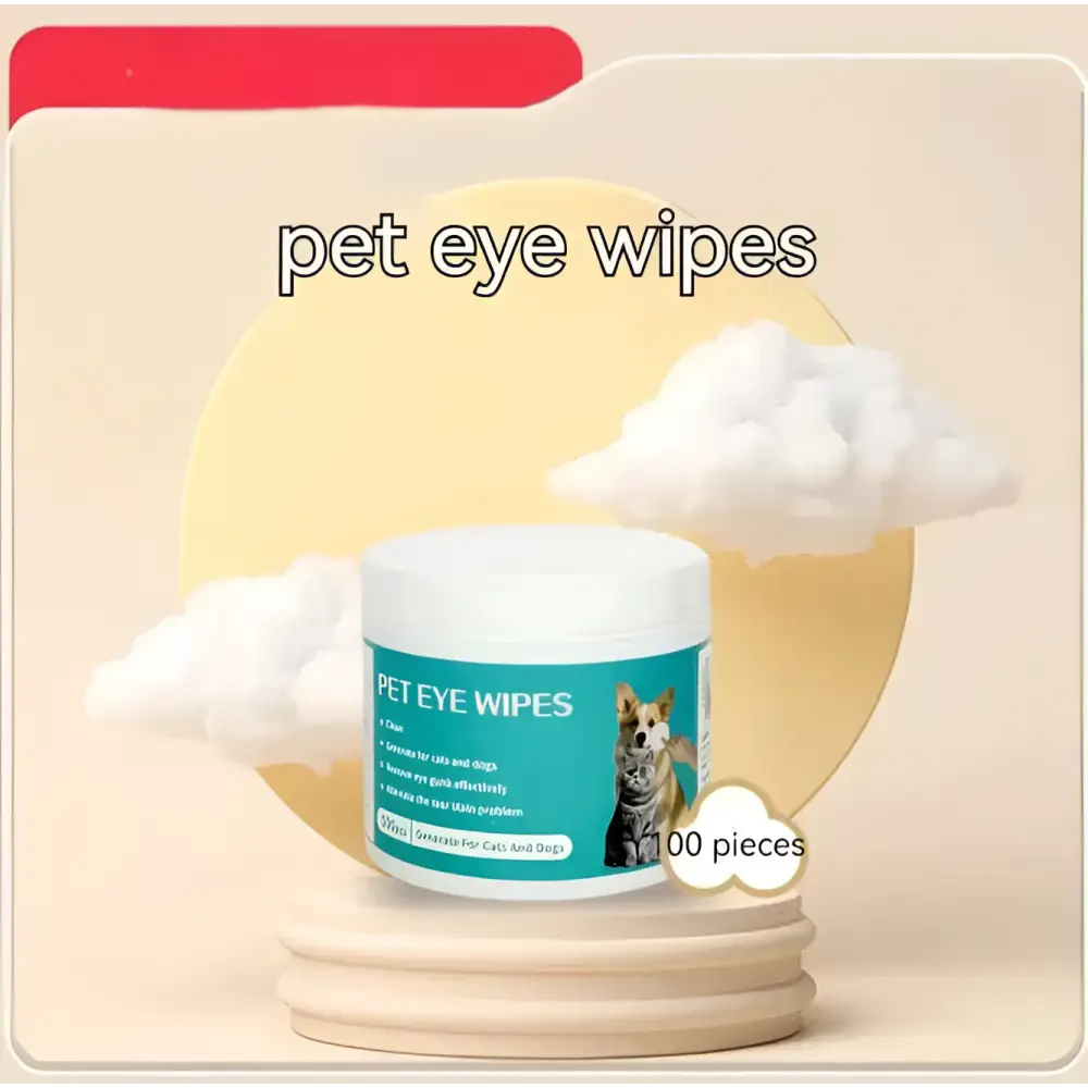 A cylindrical container of disposable pet cleaning gloves labeled 100 pieces with teal and white cat and dog images