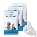 White disposable pet cleaning gloves in blue and white pouch for dogs and cats with pet images