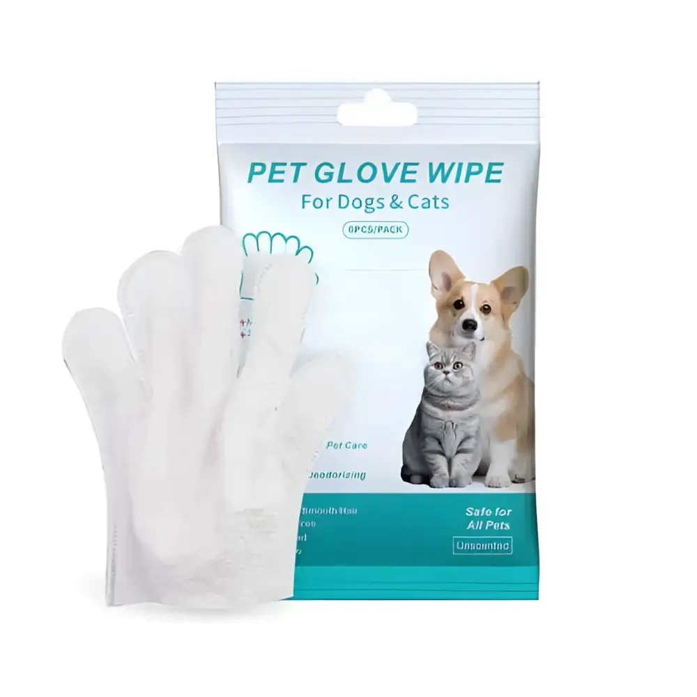 White soft-textured disposable pet cleaning gloves designed for cleaning dogs and cats effectively and gently