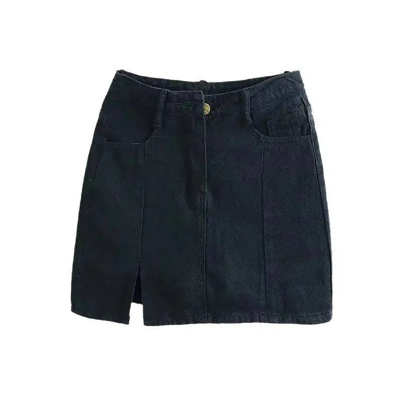 Black denim skirt with a front slit and gold-tone button closure in high-waisted distressed denim style