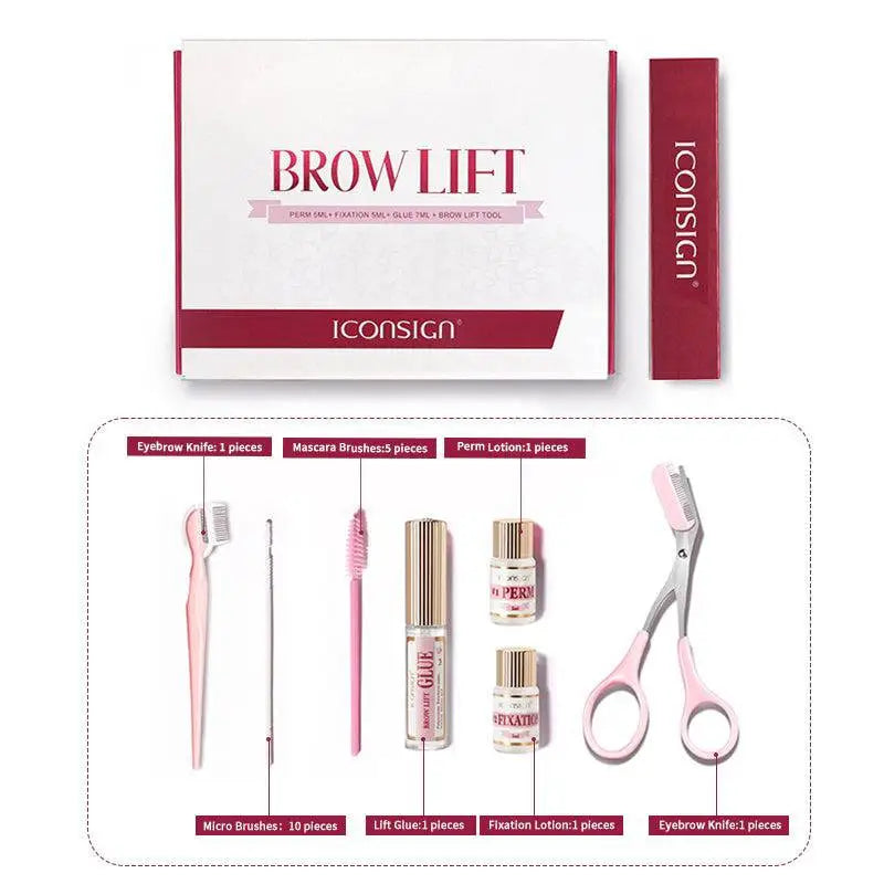 Diy brow lamination eyebrow kit with pink-handled tools and brow lift products in a white iconsign box
