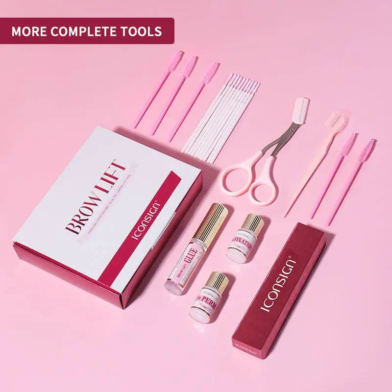 Diy brow lamination eyebrow kit with pink and white professional tools including brushes scissors adhesive and perm solution