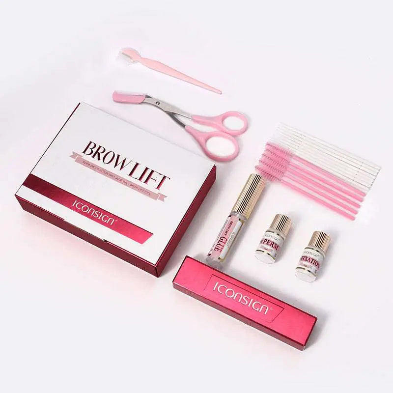 Pink-handled diy brow lamination eyebrow kit with branded packaging and tools for professional brow lamination use