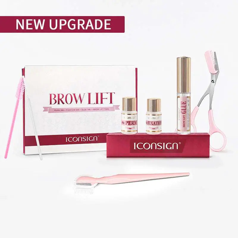 Pink and gold lamination eyebrow kit with three bottles scissors brush and tweezer for professional brow lamination use