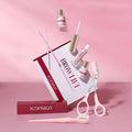 Pink plastic DIY brow lamination eyebrow kit with gold-accented professional brow lamination tools and branded packaging