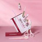 Pink plastic DIY brow lamination eyebrow kit with gold-accented professional brow lamination tools and branded packaging