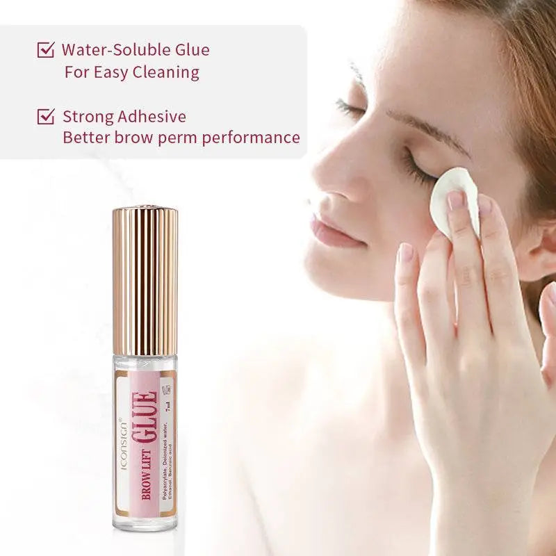 A sleek transparent bottle with rose gold cap and pink label containing iconsig brow lamination glue for professional use