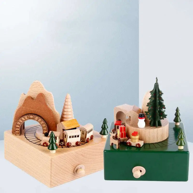 Wooden diy dancing music box featuring a christmas train with festive scenery for holiday decoration and enjoyment