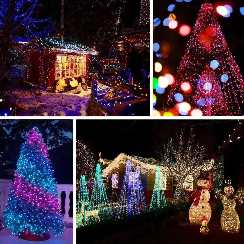 A festive christmas tree decorated with a versatile dmx music sync energy-efficient led strip in blue and purple swirls