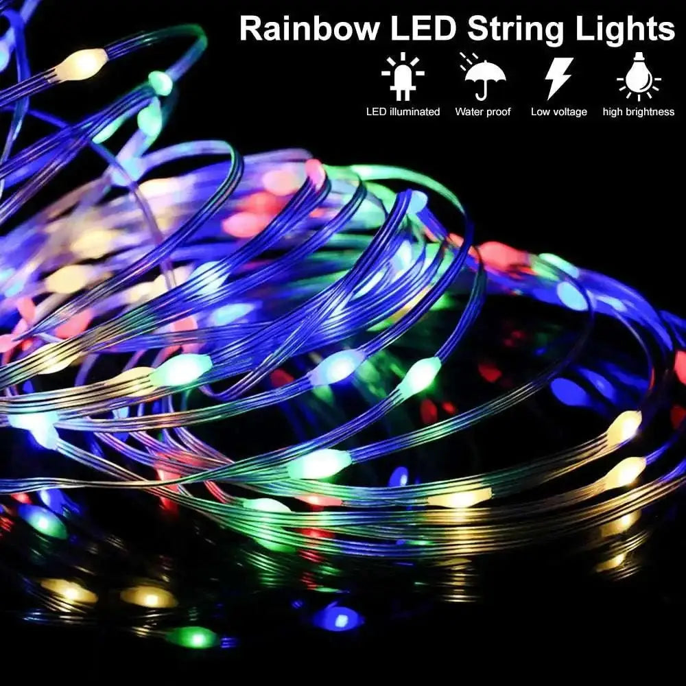 Rainbow led string lights with colorful bulbs on a thin wire featuring dmx music sync for a versatile led strip