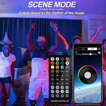 A sleek black dmx music sync controller with colorful buttons and smartphone display for versatile led strip lights