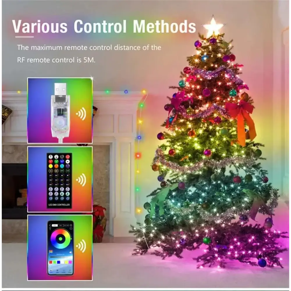A vibrant christmas tree illuminated by a versatile dmx music sync energy-efficient led strip with colorful lights