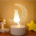White led night light with cat silhouette on crescent moon featuring geometric wireframe and colorful touch remote control lights