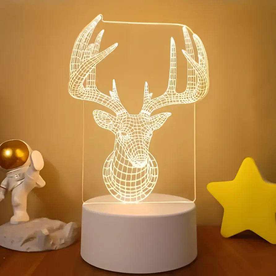 A glowing white 3d deer head led night light with intricate acrylic antlers and colorful touch remote control lights
