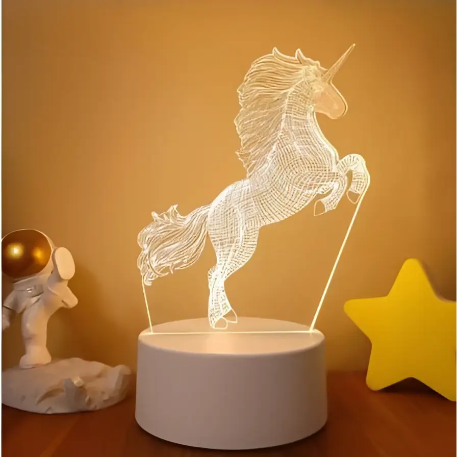 A glowing white unicorn 3d led night light with wireframe design on a cylindrical base featuring colorful touch remote control lights