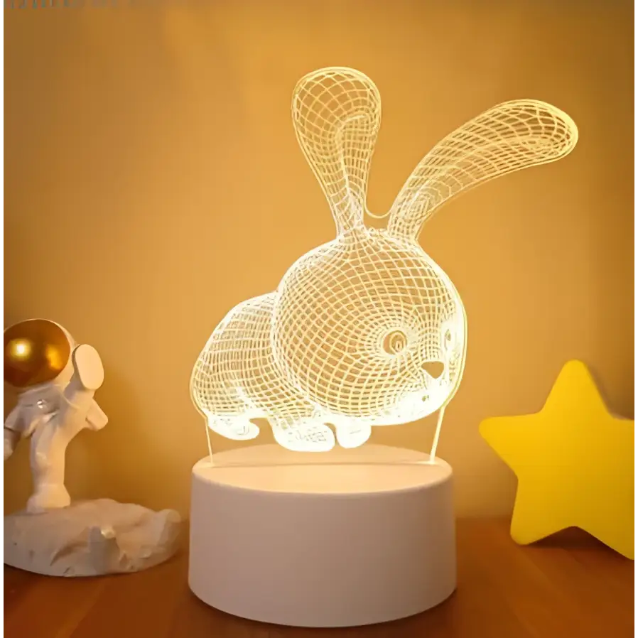 A white wireframe 3d rabbit led night light with glowing design featuring colorful touch remote control lights