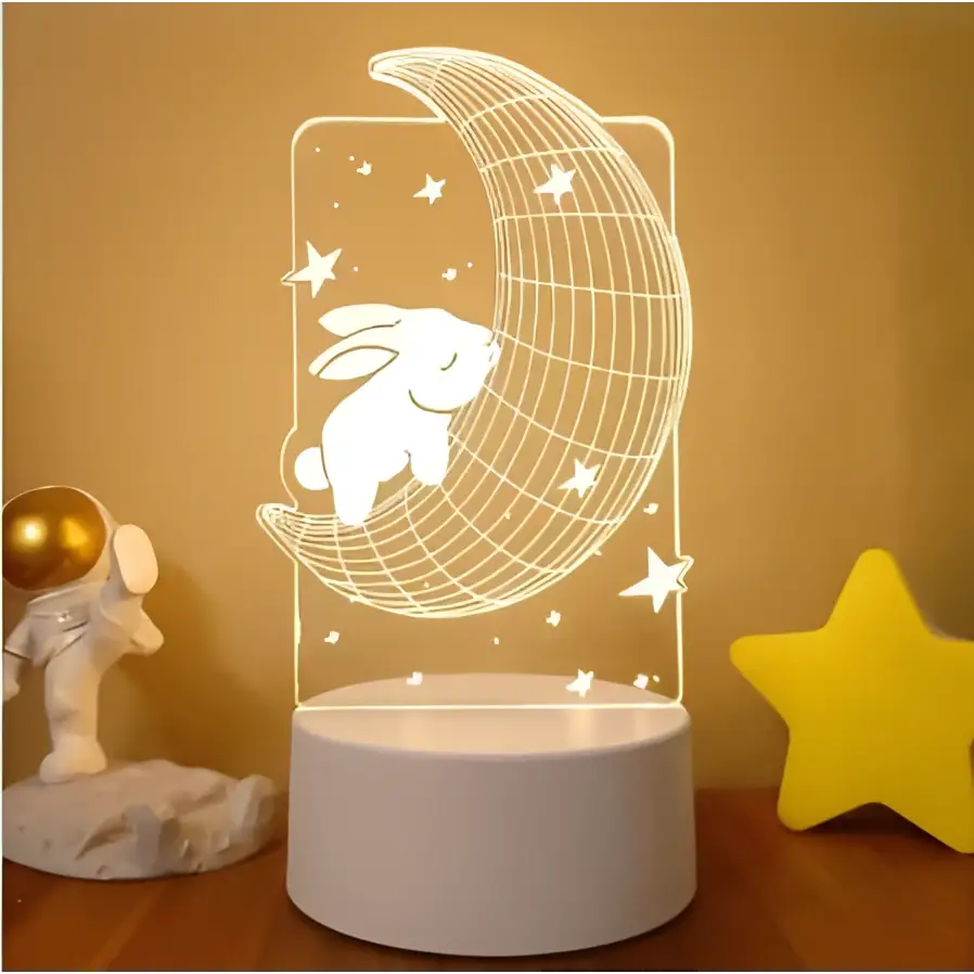 White 3d led night light featuring a rabbit on a crescent moon with stars, with colorful touch remote control lights