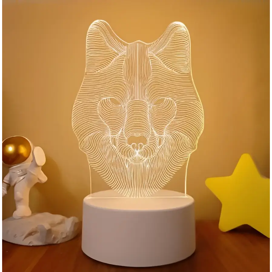 White acrylic 3d led night light shaped like a fox head with intricate lines featuring colorful touch remote control lights