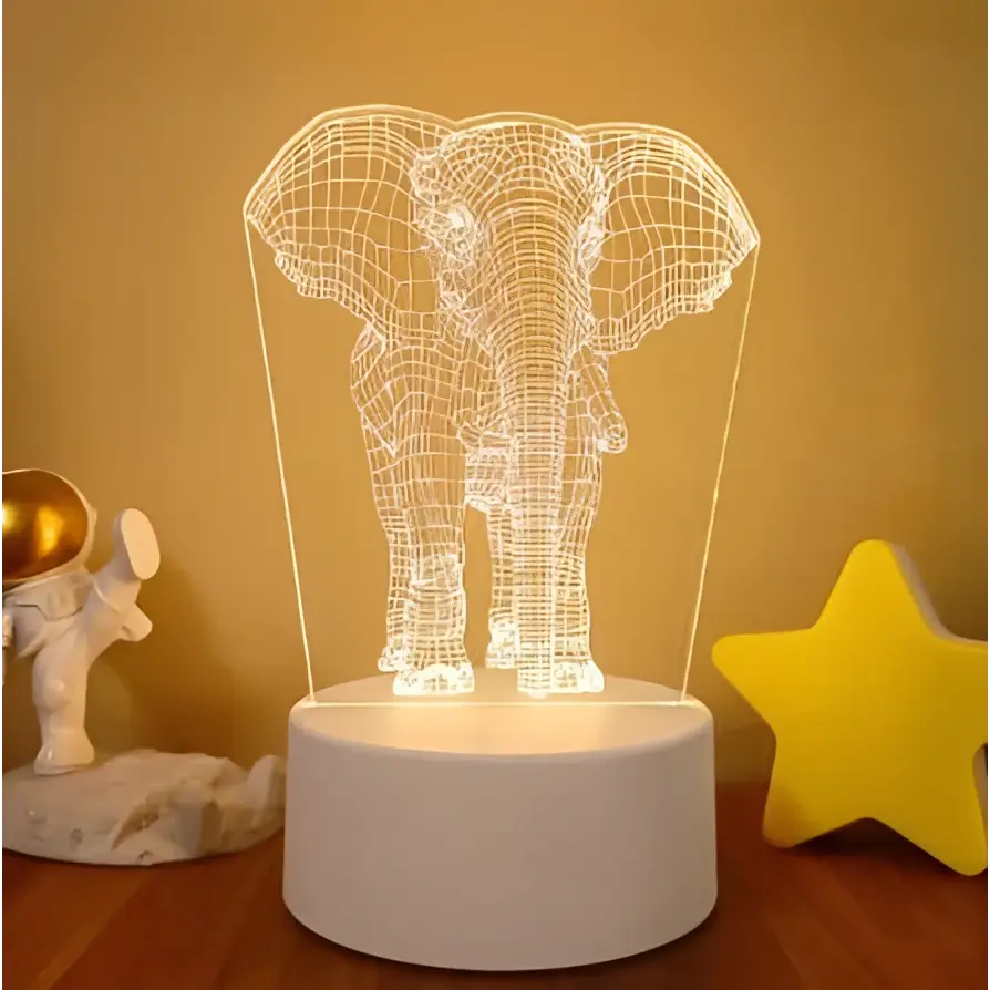 White elephant-shaped 3d led night light with wireframe design featuring colorful touch remote control lights