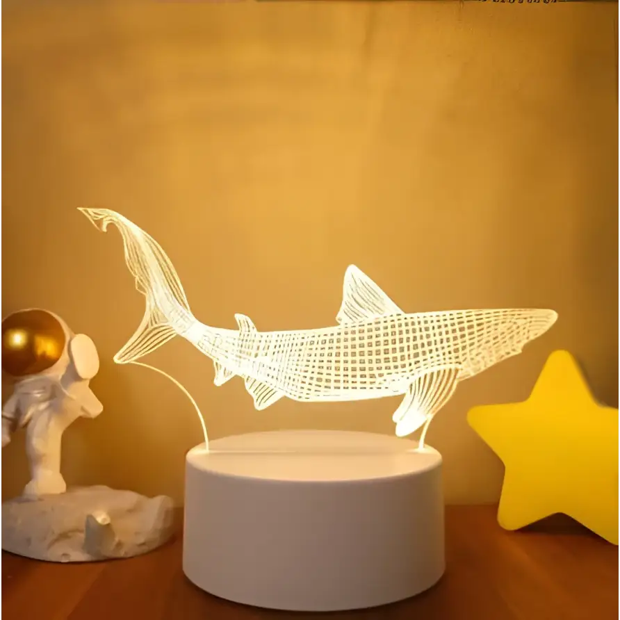 White shark-shaped 3d led night light with grid pattern and glowing outline featuring colorful touch remote control lights