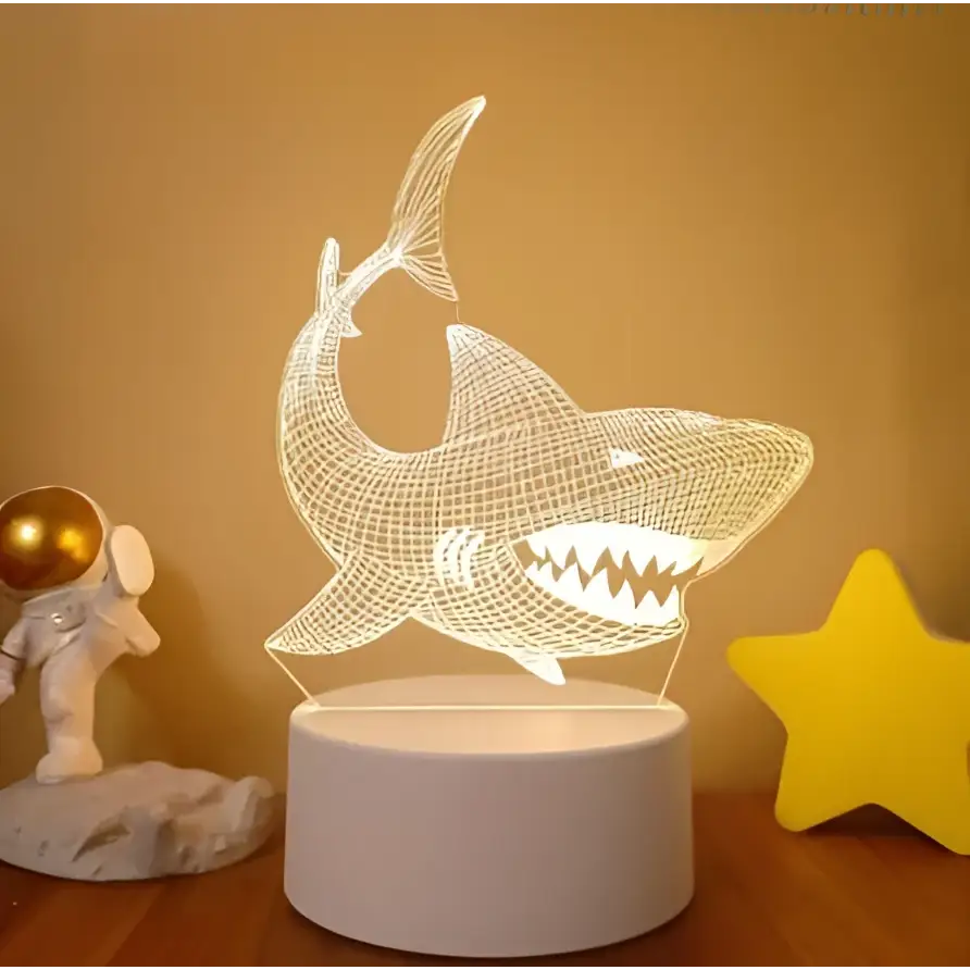 White shark-shaped 3d led night light with wireframe design and glowing edges controlled by colorful touch remote