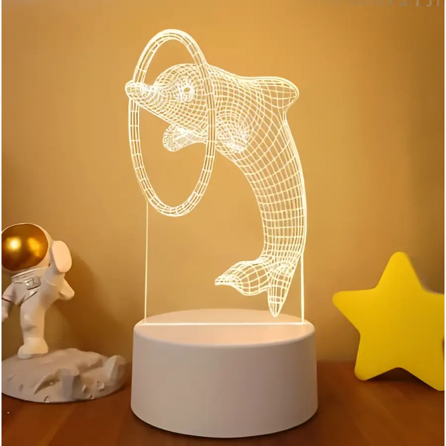 White wireframe dolphin 3d led night light with circular hoop design and colorful touch remote control lights
