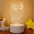 White owl-shaped 3d led night light with intricate line detailing and colorful touch remote control lights glowing base