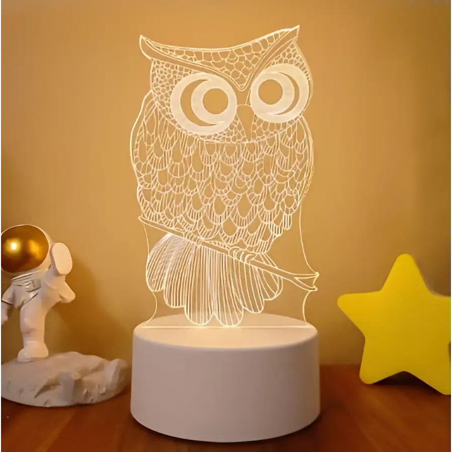 White owl-shaped 3d led night light with intricate line detailing and colorful touch remote control lights glowing base
