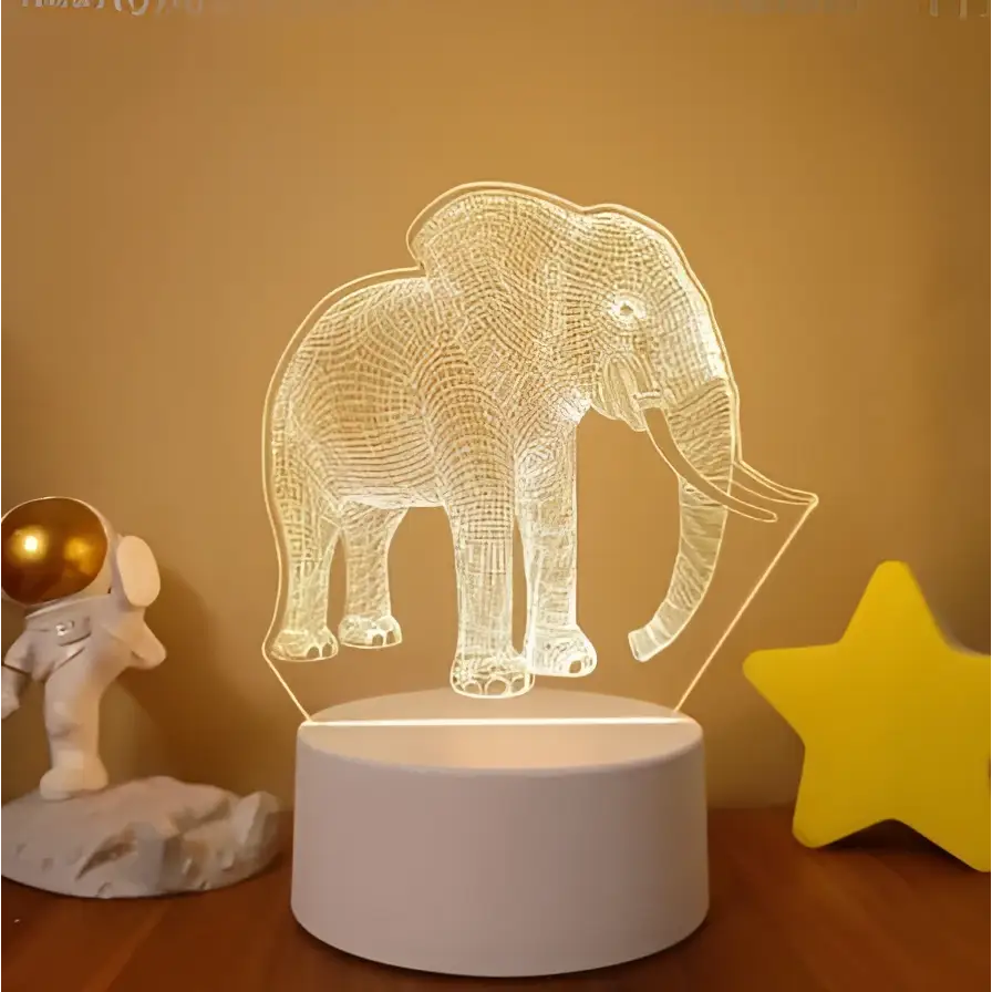A glowing white 3d elephant led night light with wireframe design on a cylindrical base featuring colorful touch remote control lights