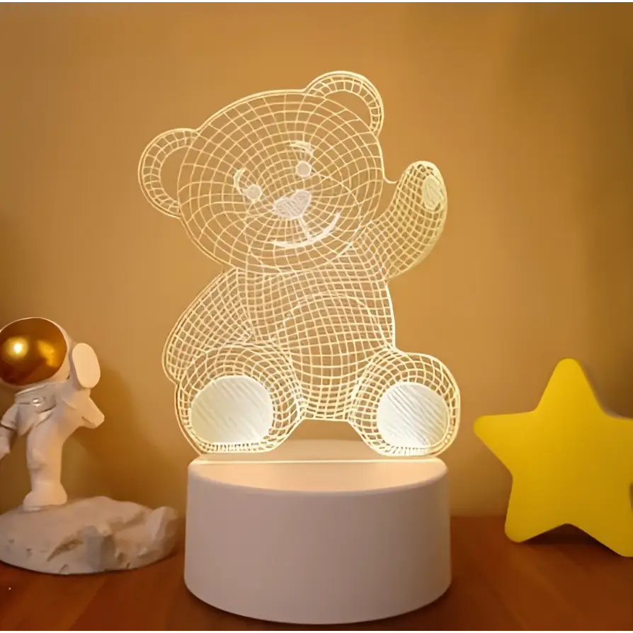 White wireframe teddy bear 3d led night light with glowing mesh design featuring colorful touch remote control lights