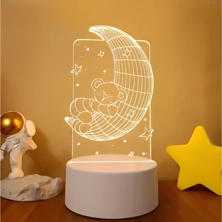 White acrylic 3d led night light with glowing crescent moon teddy bear and stars featuring colorful touch remote control lights