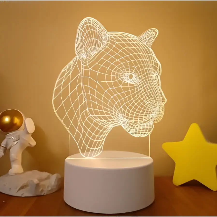 White wireframe 3d led night light shaped like a panther head with colorful touch remote control lights