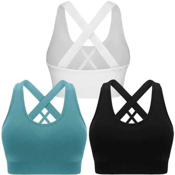 Three high impact couple sports bras in white teal and black with crisscross back straps for activewear use