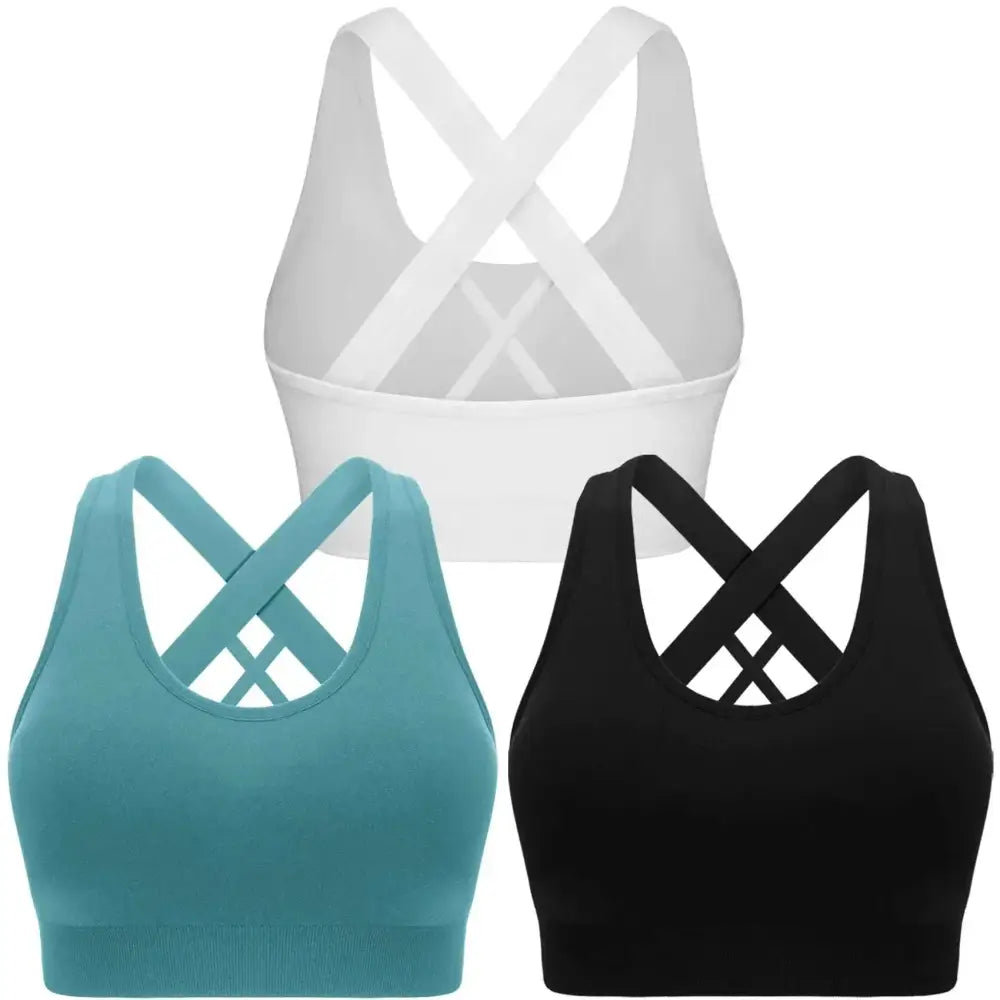 Three high impact couple sports bras in white teal and black with crisscross back straps for activewear use