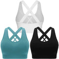 Three high impact couple sports bras in white teal and black with crisscross back straps for activewear use
