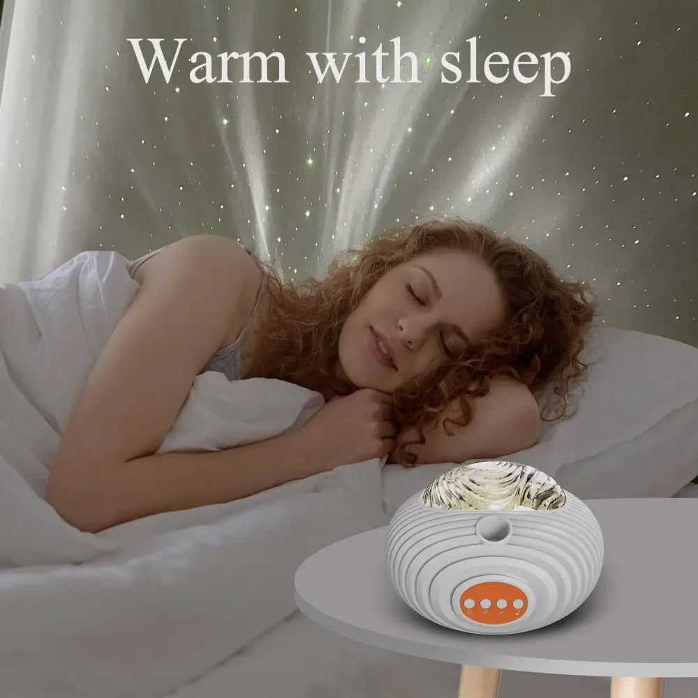 White textured star projector with orange control panel featuring effect northern lights and crescent moon display