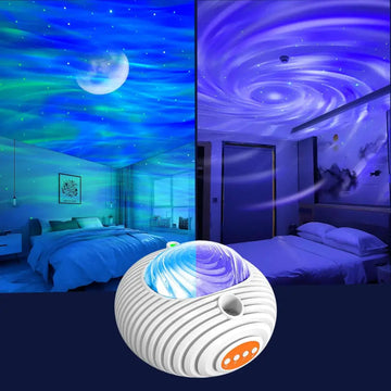 White and orange striped ceiling northern lights projector lamp with glowing blue and purple swirling crescent moon effect