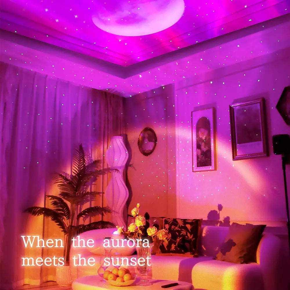 Purple double effect northern lights projector lamp with crescent moon starry ceiling light design and glowing effect northern lights