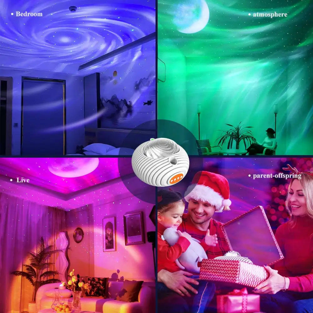 A sleek white and orange striped circular northern lights projector lamp with crescent moon effect northern lights