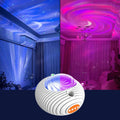 White ribbed spherical northern lights projector lamp with translucent dome emitting crescent moon effect northern lights