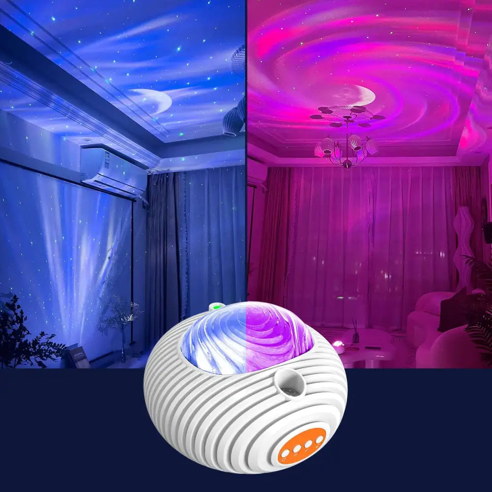 White ribbed spherical northern lights projector lamp with translucent dome emitting crescent moon effect northern lights