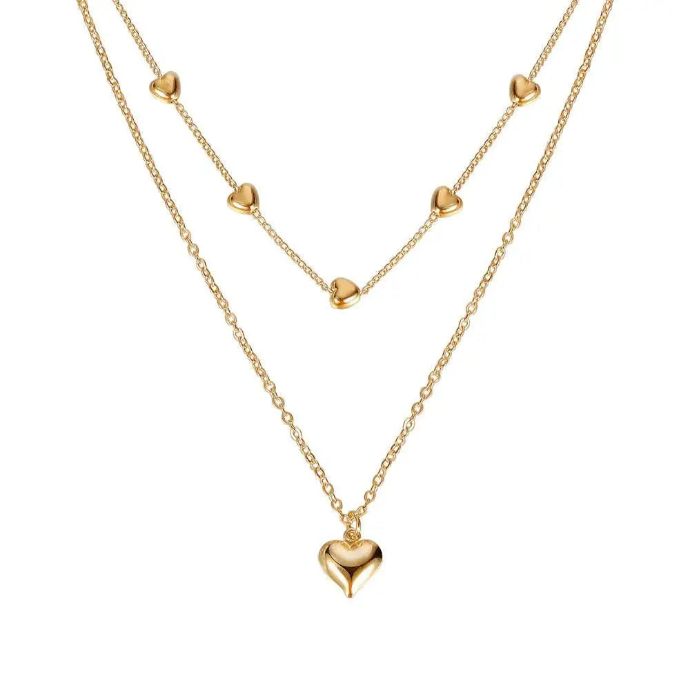 Gold-toned double layer heart pendant fine chain necklace with three delicate chains and small heart charms