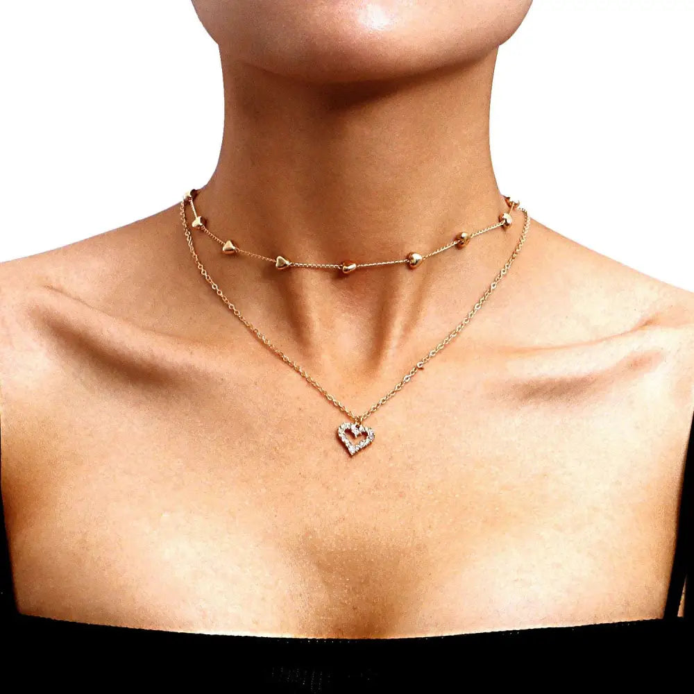 Gold-toned double layer heart fine chain necklace with delicate chain and sparkling heart pendant fine jewelry